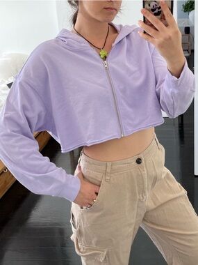NIA 100% Cotton Cropped Full Zip-Up Hoodie Sweatshirt Jacket - Medium - Lavender